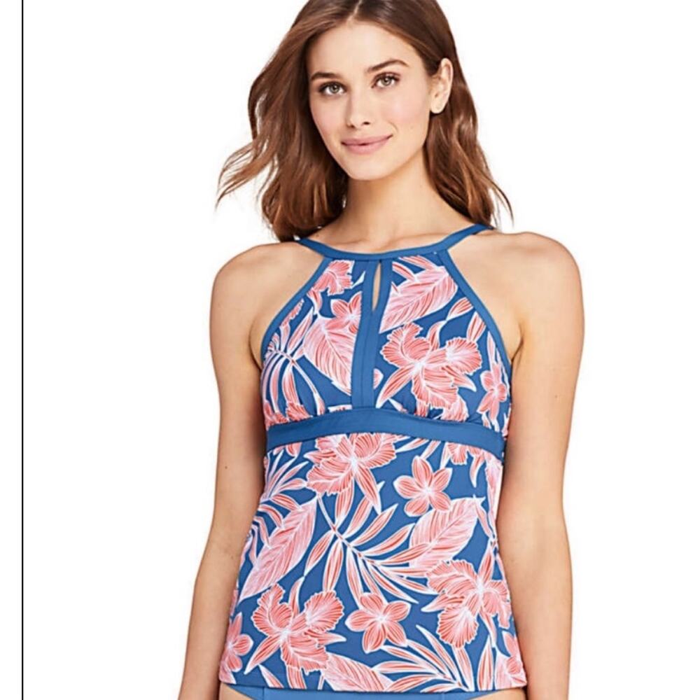 Lands' End |  Blue + Pink Tropical Floral Modest High Neck Tankini | Size 8DD